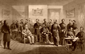 Robert E. Lee surrenders to Ulysses S. Grant
