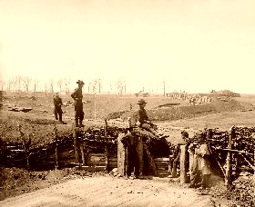 Federal soldiers at a Confederate fortification at Manassas, Virginia