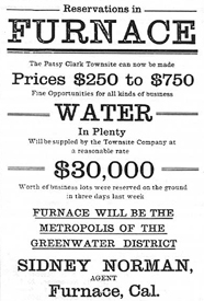Furnace, California Townsite Advertising