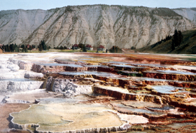 Mammoth Hot Springs with Fort Yellowstone in the background, 1902