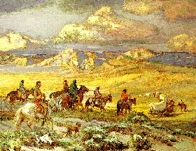 Indians watching approaching wagon train