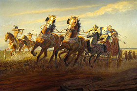 Stagecoach attacked by Indians by Daniel Cavaliere