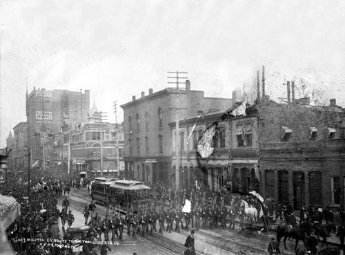Militia en route to City Hall, Denver, Colorado, 1894