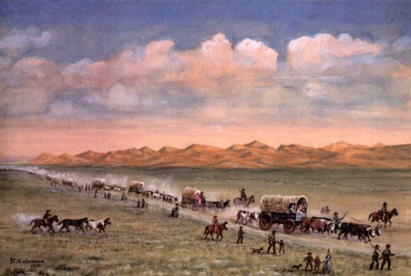Oregon Trail pioneers pass through the sand hills, painting by William Henry Jackson