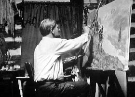 Charles M. Russell working in his studio in Great Falls, Montana.