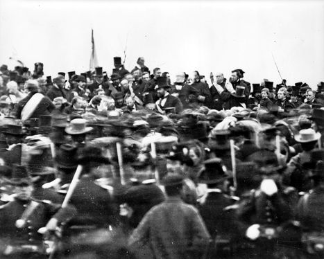 Actual photo of Abraham Lincoln at Gettysburg, November 19, 1863. Lincoln is seen in the center of the platform without his hat.