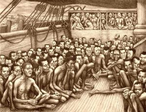 Captured Africans on a slave ship crossing the Atlantic Ocean.