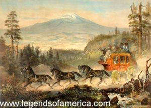 Mountain stagecoach by Rey Britton and Co., lithographer.