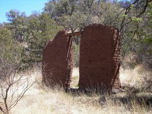 What's left of the Harshaw/Trench Camp Church, located ½ mile south of the Harshaw cemetery on FR 49 at the intersection with the Flux Canyon Road by Kathy Alexander.