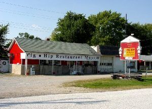 The Pig-Hip Restaurant was a popular stop for Route 66'ers during the road's heydays. Unfortunately, it burned to the ground in March 2007. All that's left today is a stone marker. Photo by Kathy Alexander.
