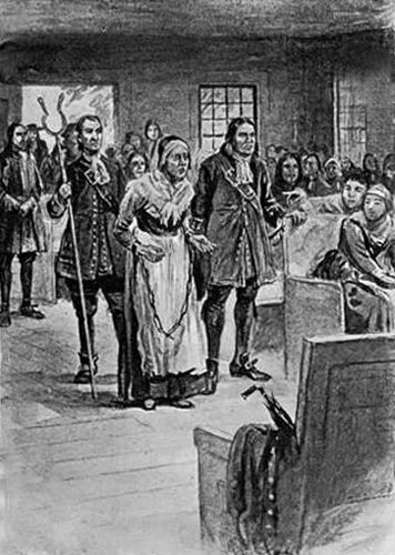The elderly Rebecca Nurse is brought to the Salem Village Meeting House