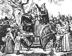 Drawing of the hanging of Bridget Bishop, one of the 13 "witches" hanged in 1692.