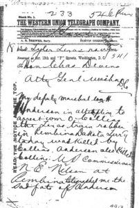 Telegram by US Marshal informing of deputy marshal's death in Pembina.