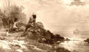 Native Americans watch as Sir Henry Hudson arrives in New York