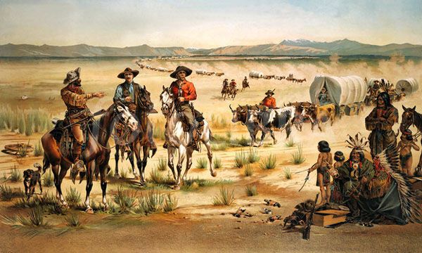 A wagon train and Indians