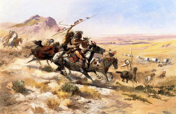Indian attack on a wagon train by Charles Marion Russell