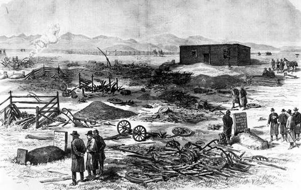 An etching that appeared in the December 6, 1879 edition of Frank Leslie's Illustrated Newspaper depicts the aftermath of the "Meeker Massacre." Meeker grave at lower left; W.H. Post grave at lower right