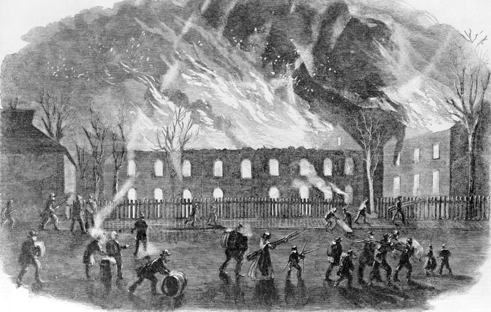 Burning of the Arsenal at Harpers Ferry during the Civil War by David H. Strother, 1861