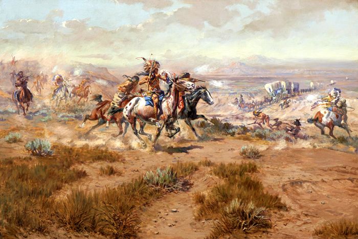 Indian Attack on a Wagon Train by Charles Marion Russell
