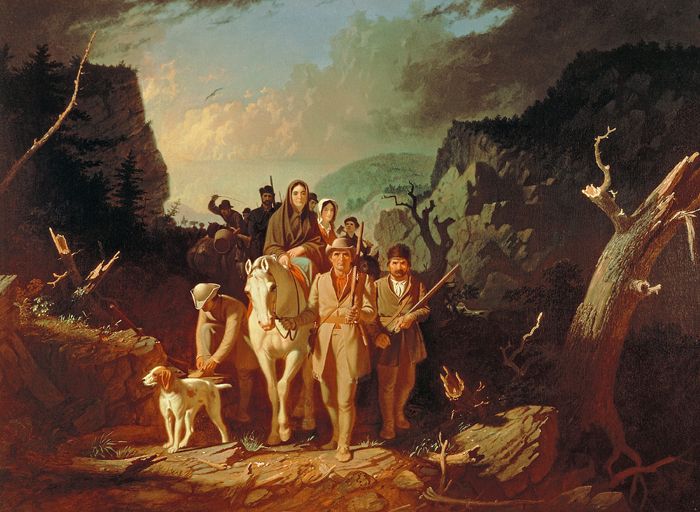 Daniel Boone escorting settlers through the Cumberland Gap by George Bingham