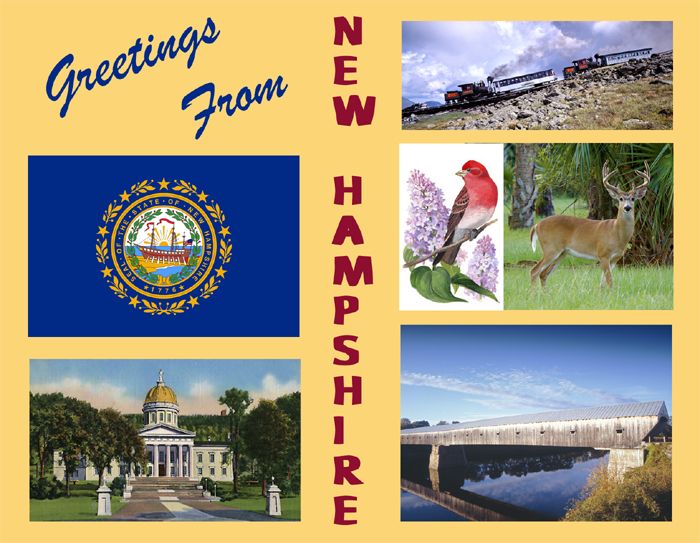 Greetings from New Hampshire postcard, available at Legends' General Store.