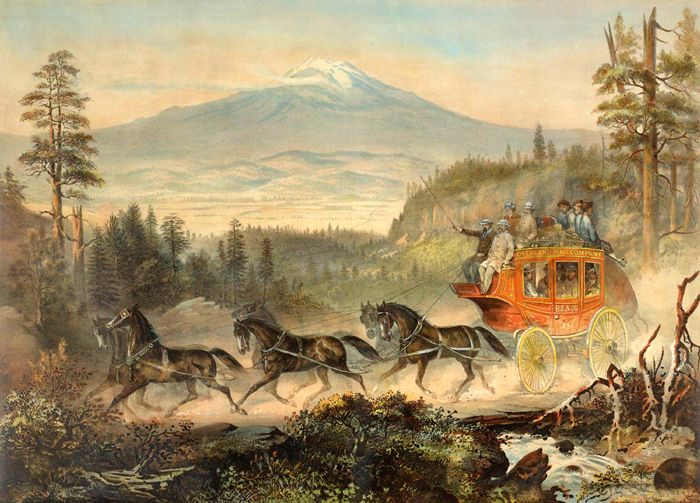Overland Mail stagecoach in the mountains by Rey & Britton.