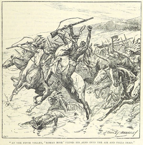 The death of Roman Nose (aka Hook Nose) at the Battle of Beecher Island depicted in a book from 1895.