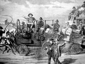 A wagon train comes through Cheyenne, Wyoming by Leslie's Illustrated Newspaper.