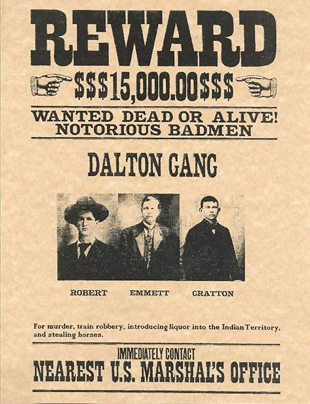 Western Dalton Gang Wanted Poster Old West Outlaw