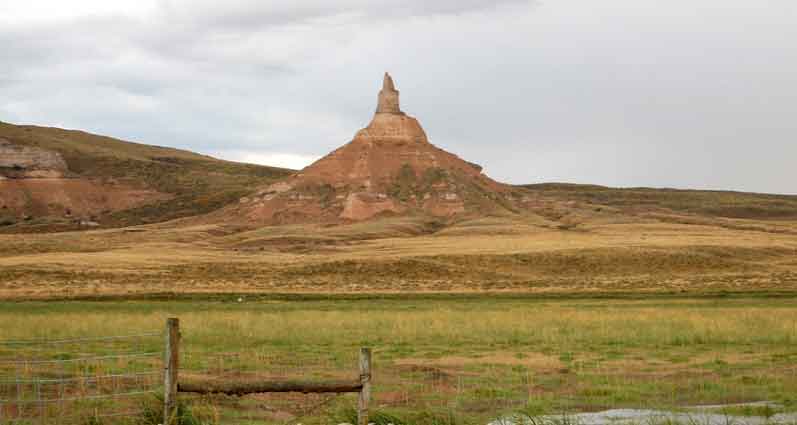 Chimney Rock in Nebraska, by Kathy Alexander. Several other trails followed the Oregon Trail for part of its length. These include the Mormon Trail from Illinois to Utah and the California Trail to the goldfields of California.