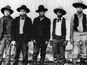 Rufus Buck Gang. Left to right: Maoma July, Sam Sampson, Rufus Buck, Lucky Davis, Lewis Davis.
