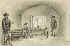 Jefferson Davis imprisoned at Fort Monroe, Virginia by Alfred R. Waud, 1865.