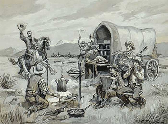 Cowboys at the chuck wagon, vintage art by R.F. Zogbaum.