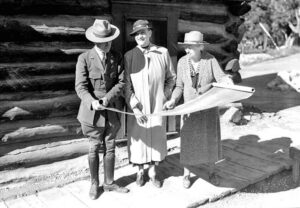 Mary Colter looking at plans at the Grand Canyon in 1935.