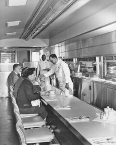 Fred Harvey lunch counter on the San Francisco Chief about 1945.