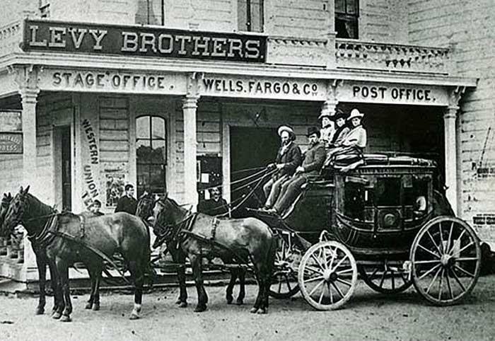 Wells Fargo Stagecoach in front of Levy Brothers in Pescadero, California 1890.