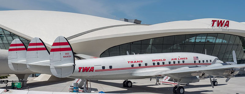 Retired airliner is used as cocktail bar at the TWA Hotel at JFK Airport in New York City, photo courtesy Wikipedia.