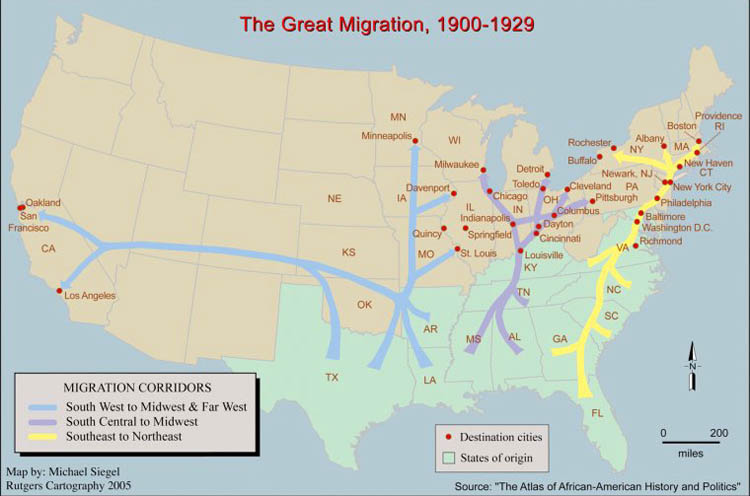 Migration patterns of African Americans from 1900 to 1929, courtesy Digital Publlic Library.
