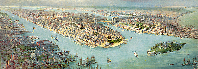 Birdseye view of New York City by L. W. Schmidt, 1880s.