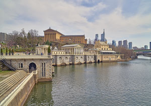 The Fairmount Water Works complex, initially constructed between 1812 and 1815 on the east bank of the Schuylkill River. Photo by Carol Highsmith.