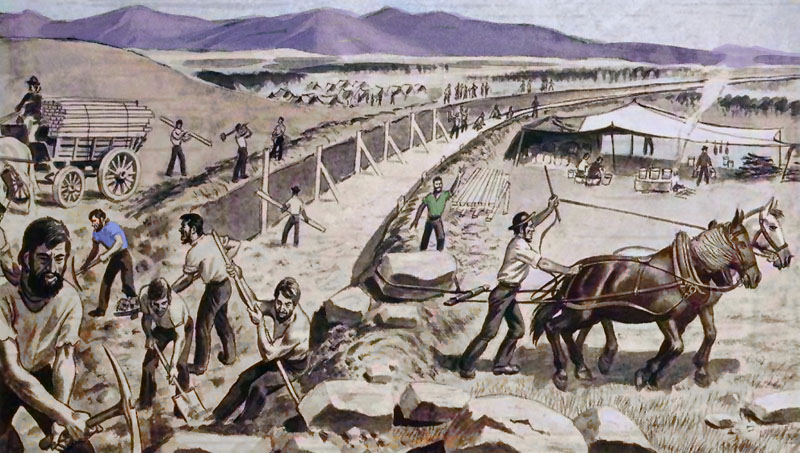 Men and horses working on the Erie Canal.