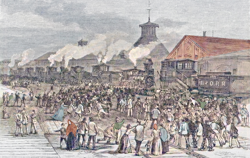 Great Railroad Strike in Martinsburg, West Virginia, by Harpers Weekly, 1877.