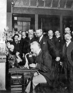 Alexander Graham Bell, opening long distance New York to Chicago, 1892. 