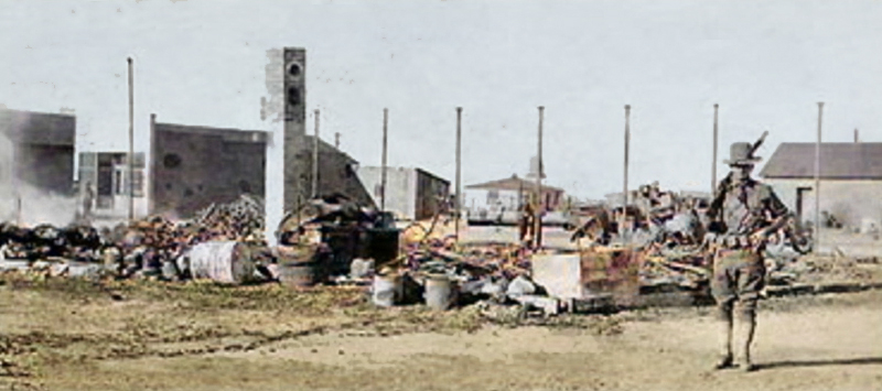 Smoking ruins of Columbus, New Mexico after Pancho Villa's Raid in 1916.